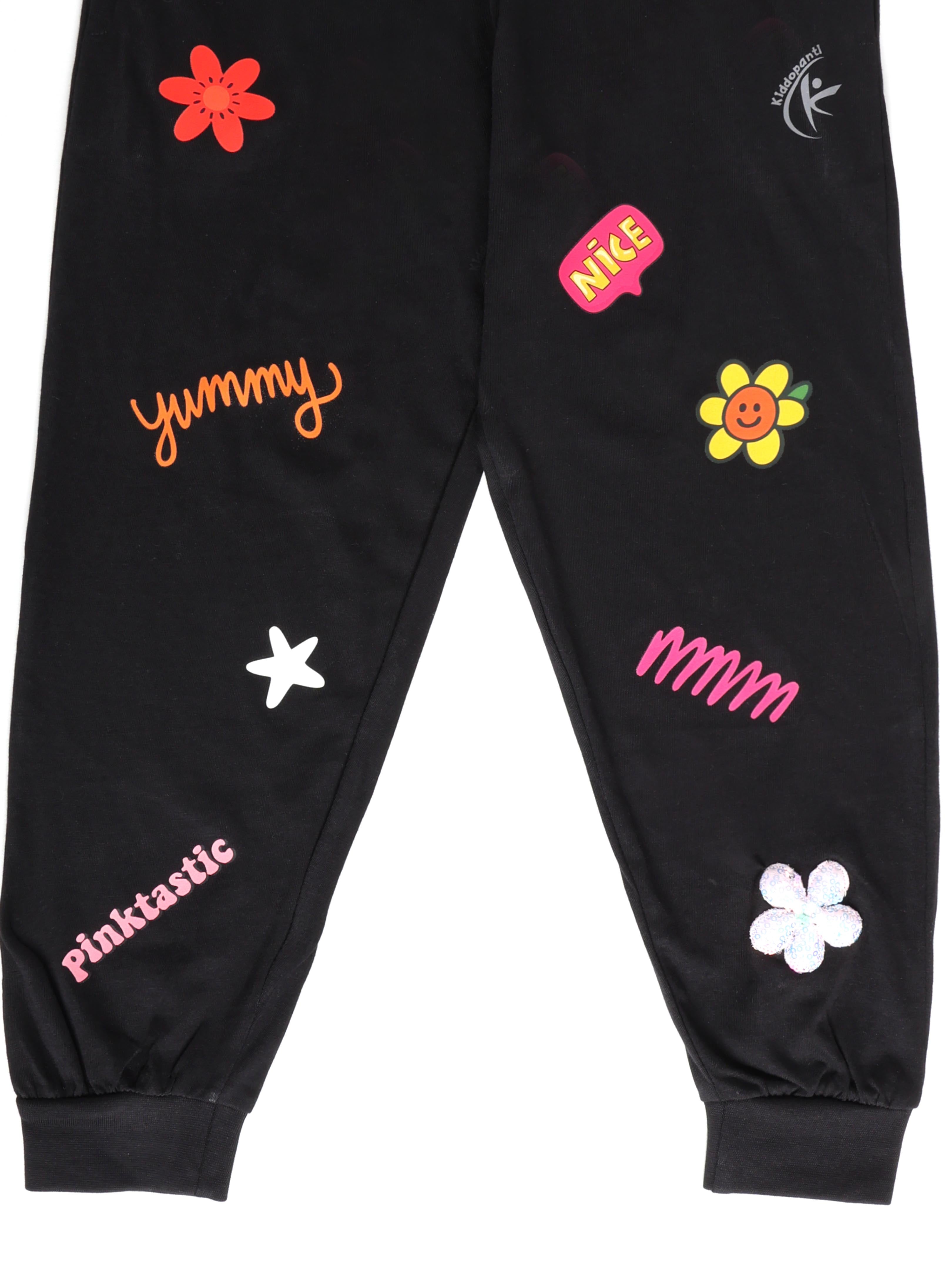 KiddoPanti Girls Cotton Printed Track Pant with Multi Badge Pack of 2