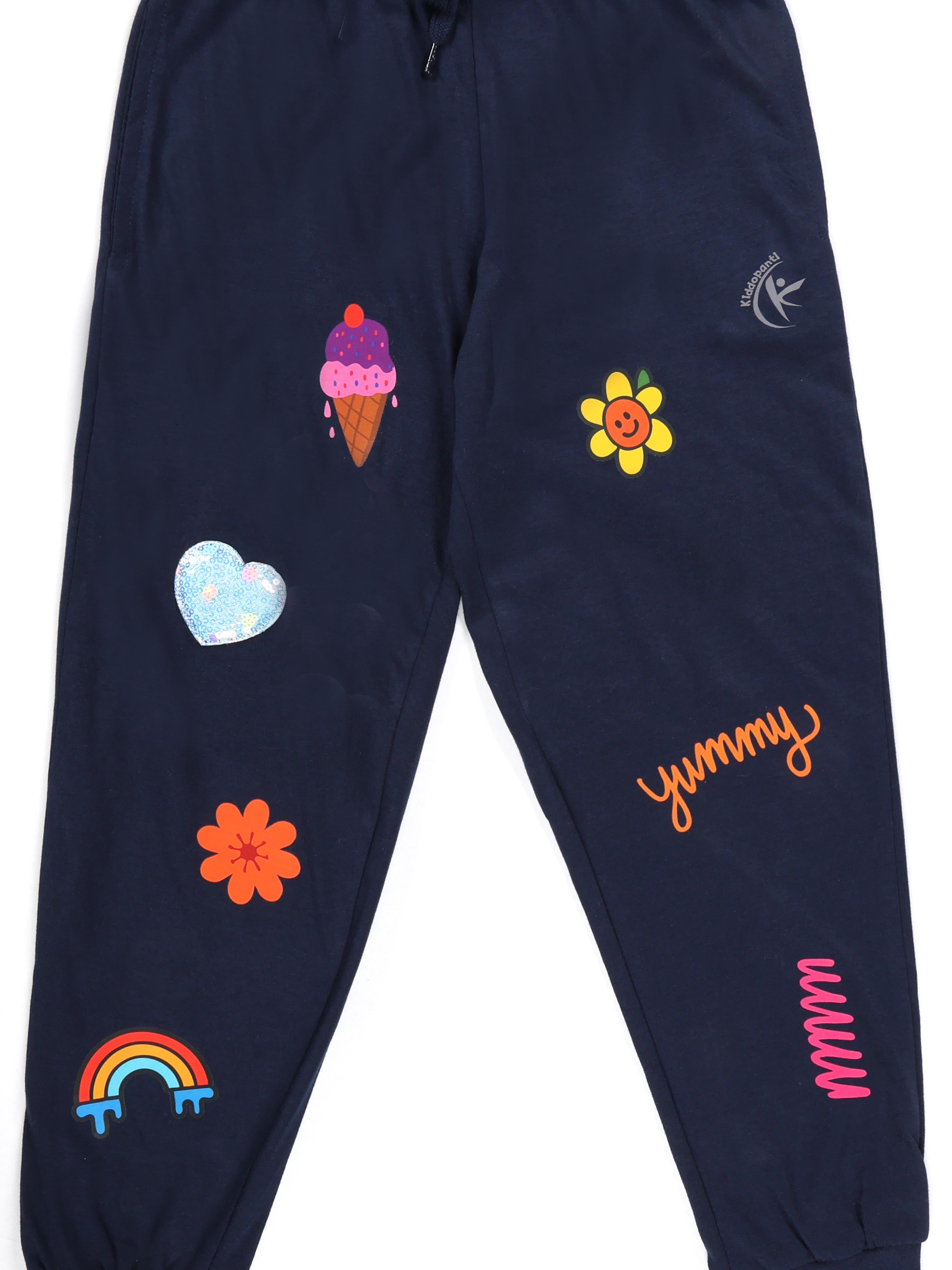 KiddoPanti Girls Cotton Printed Track Pant with Multi Badge Pack of 2