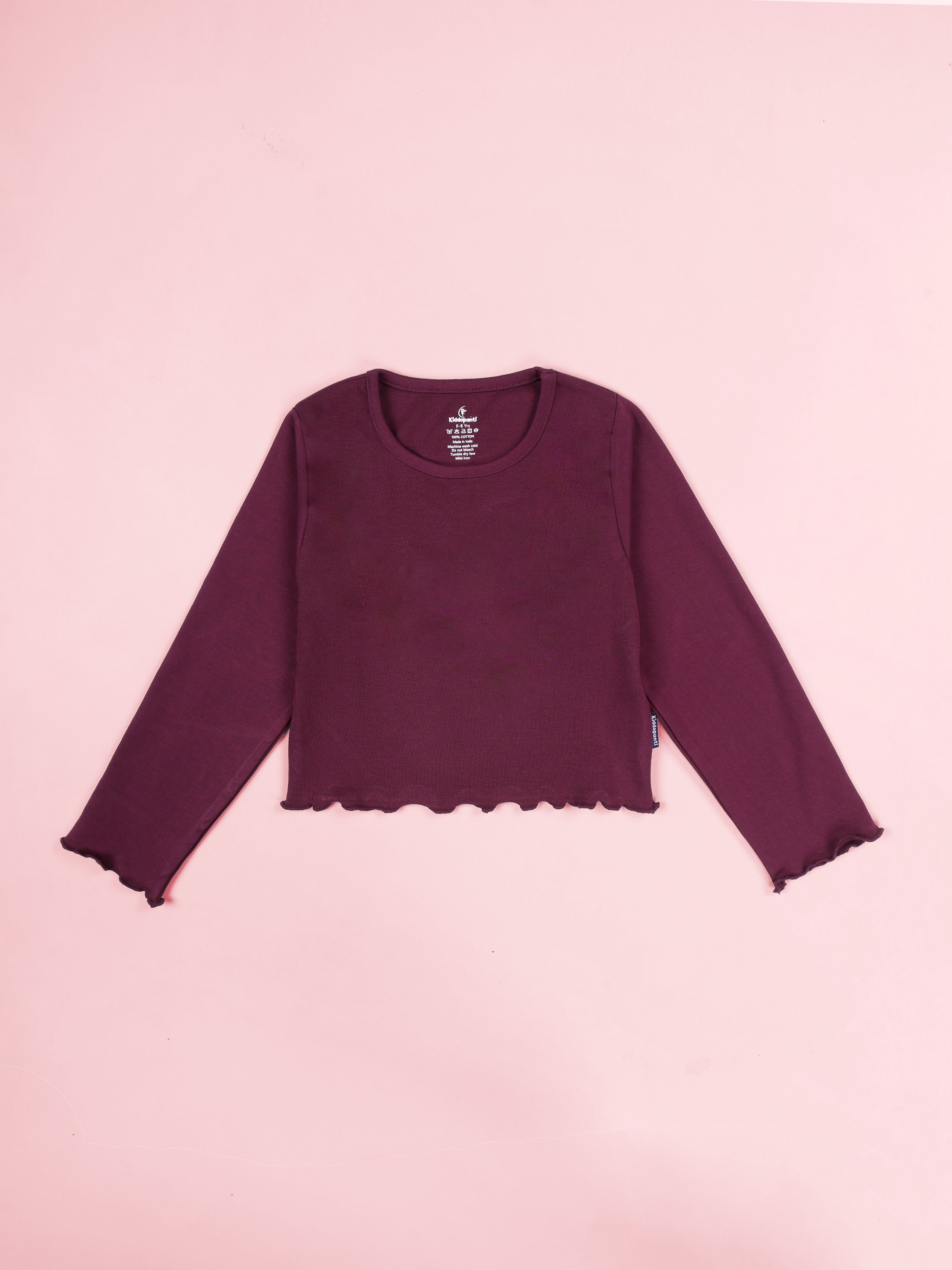 Kiddopanti Girls 100% Cotton Solid Full Sleeve Crop Tee