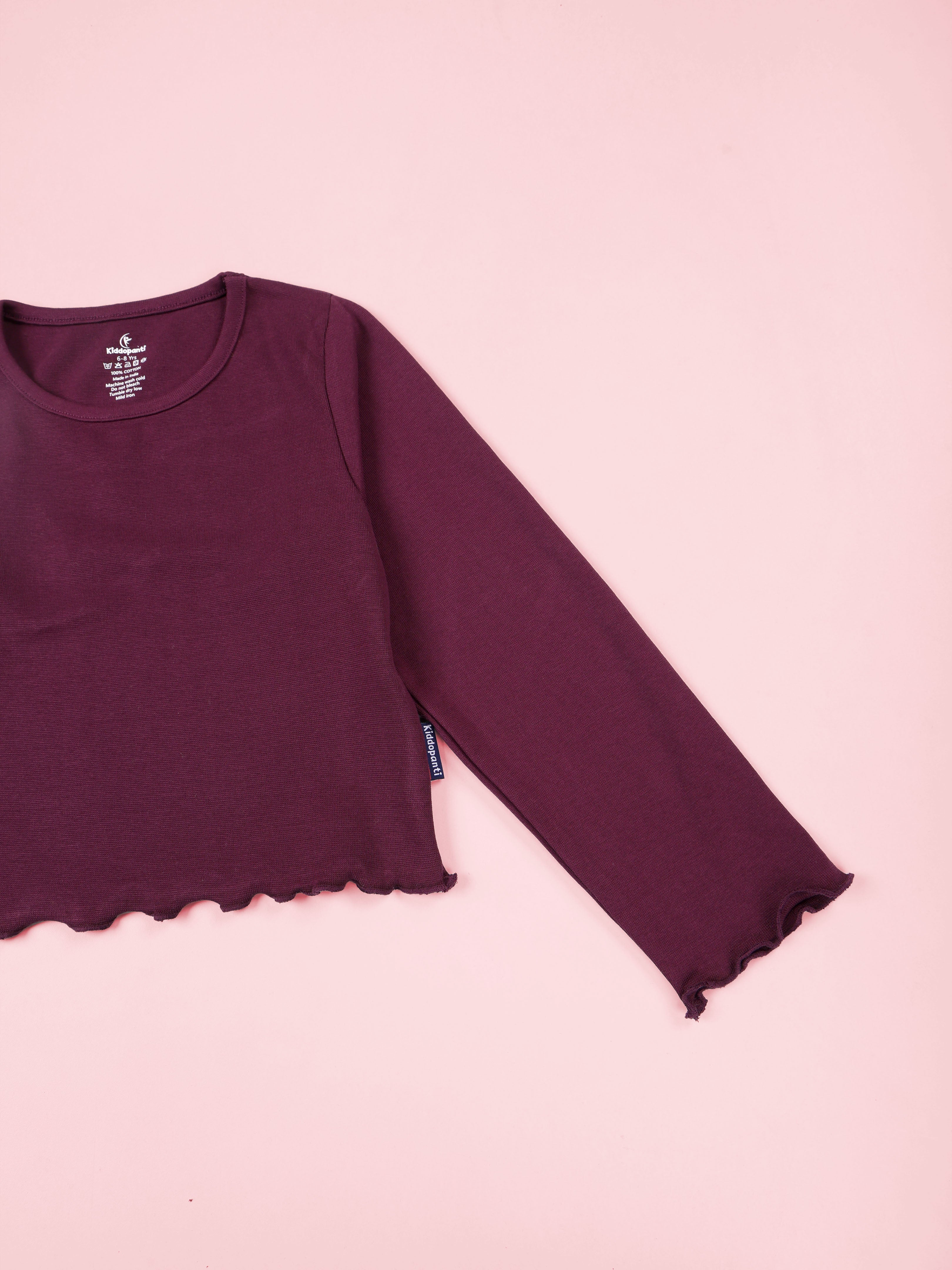 Kiddopanti Girls 100% Cotton Solid Full Sleeve Crop Tee