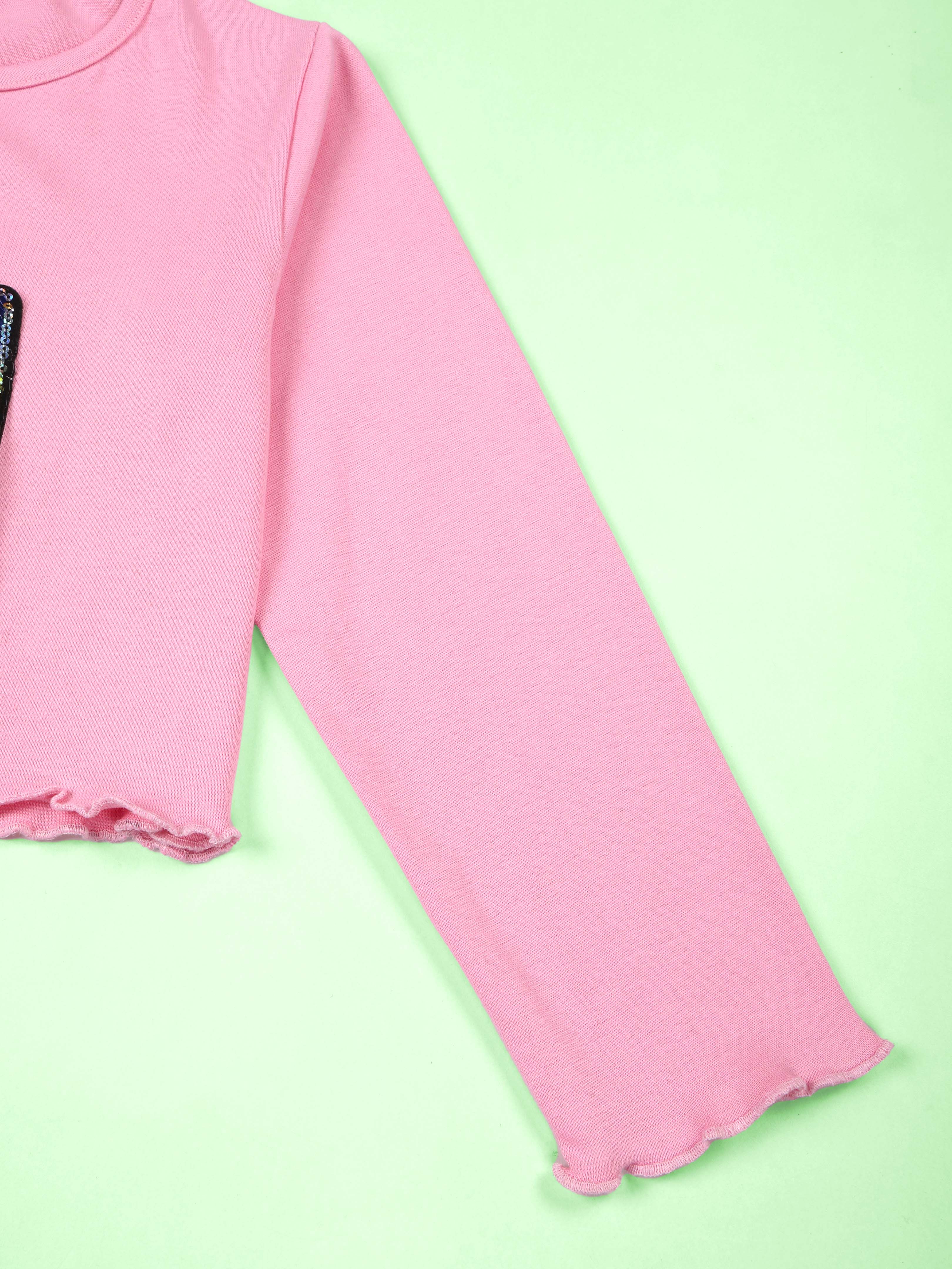 Kiddopanti Cotton Knit Full Sleeves Applique Crop Length Ribbed Tee