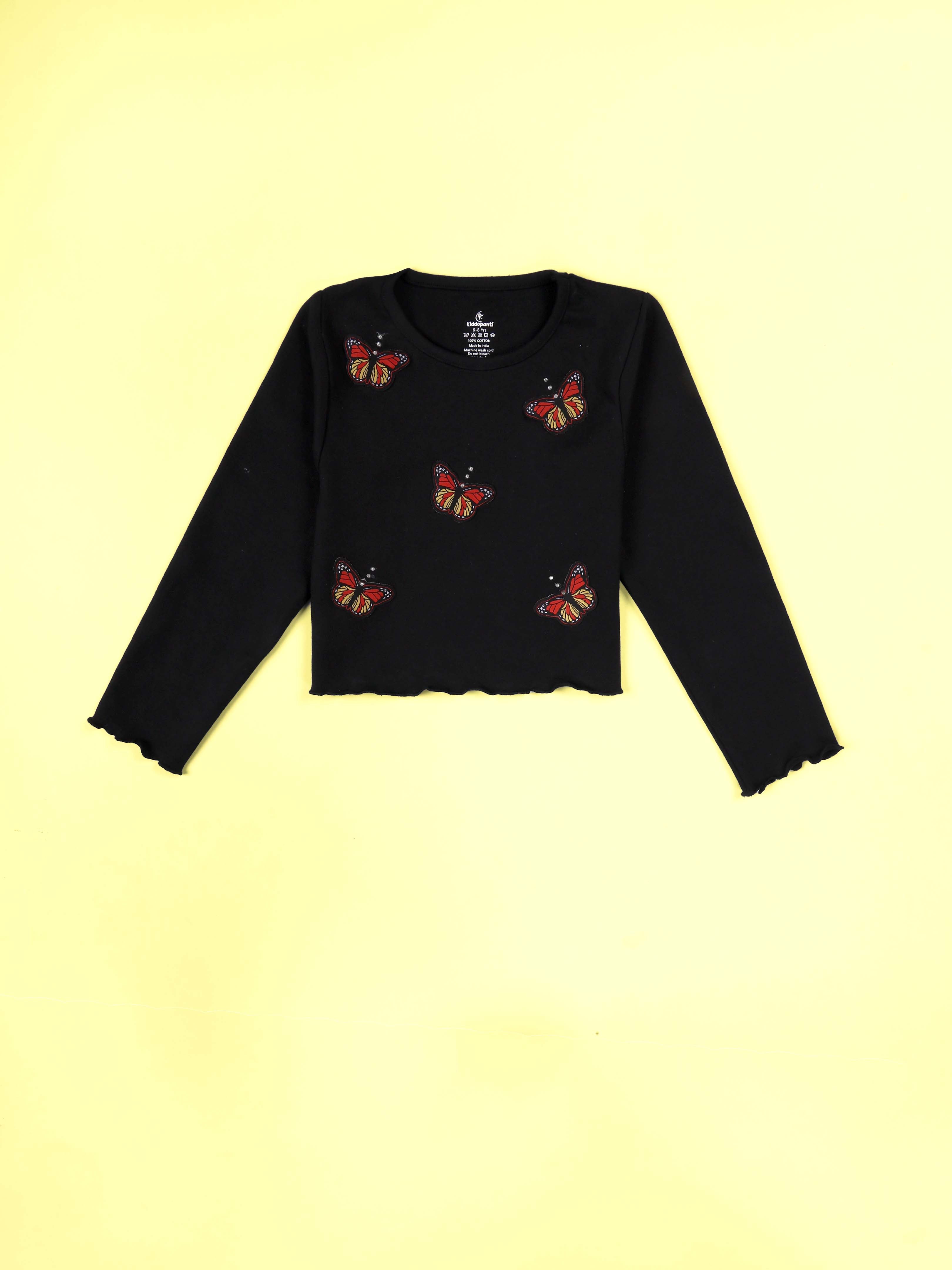 Kiddopanti Cotton Knit Full Sleeves Applique Crop Length Ribbed Tee