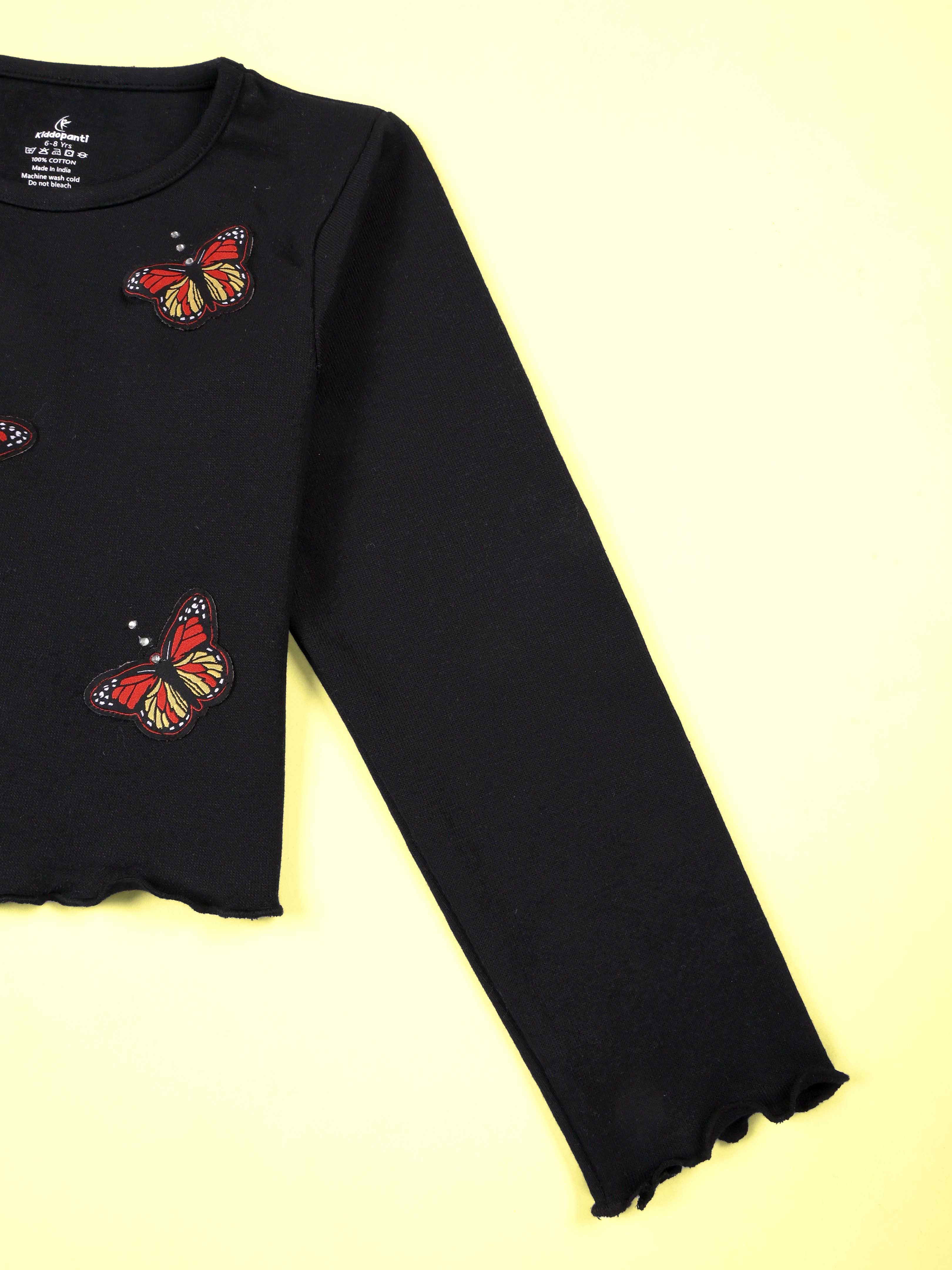 Kiddopanti Cotton Knit Full Sleeves Applique Crop Length Ribbed Tee