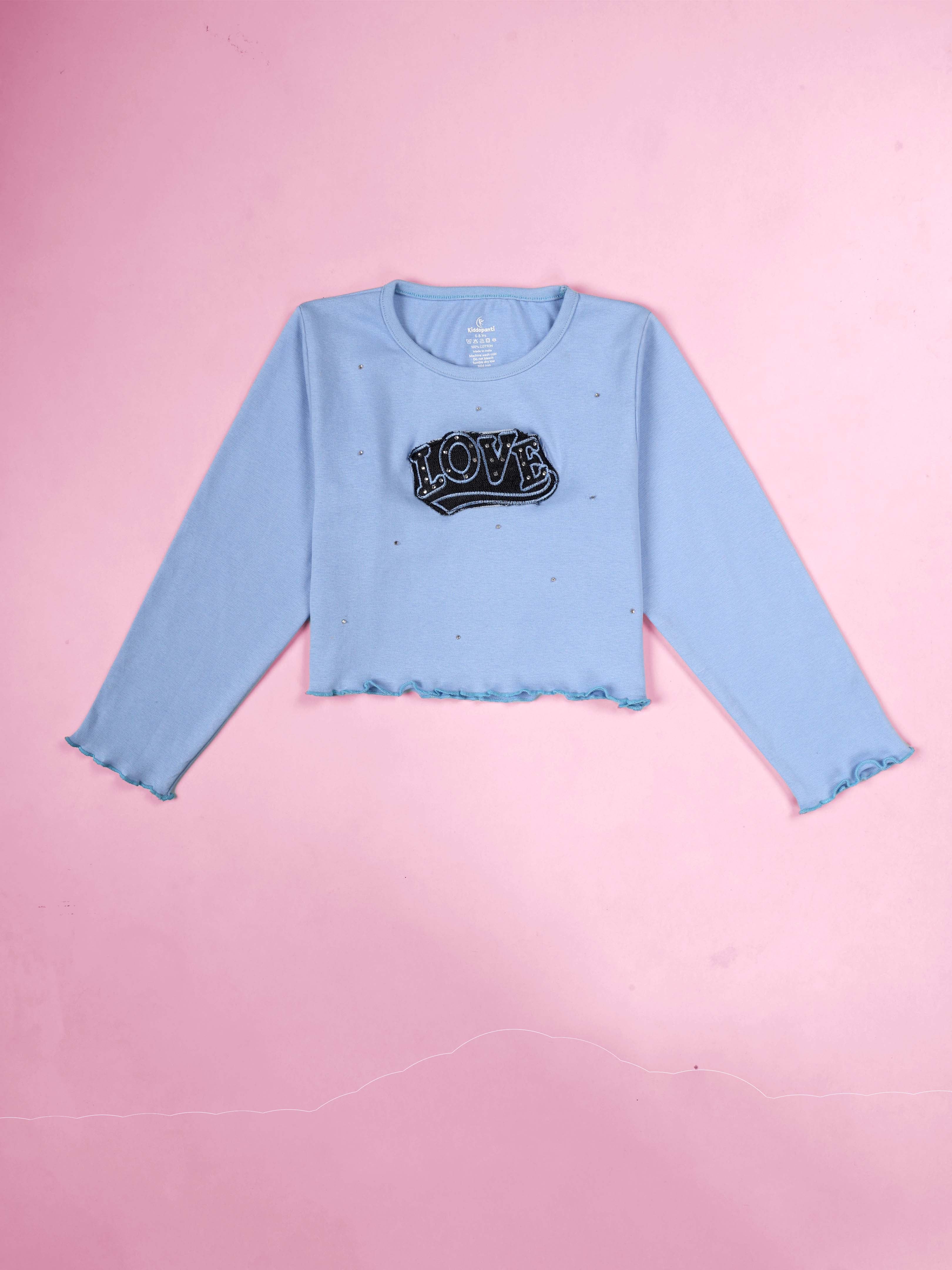 Kiddopanti Cotton Knit Full Sleeves Applique Crop Length Ribbed Tee