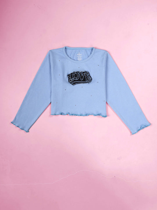 Kiddopanti Cotton Knit Full Sleeves Applique Crop Length Ribbed Tee