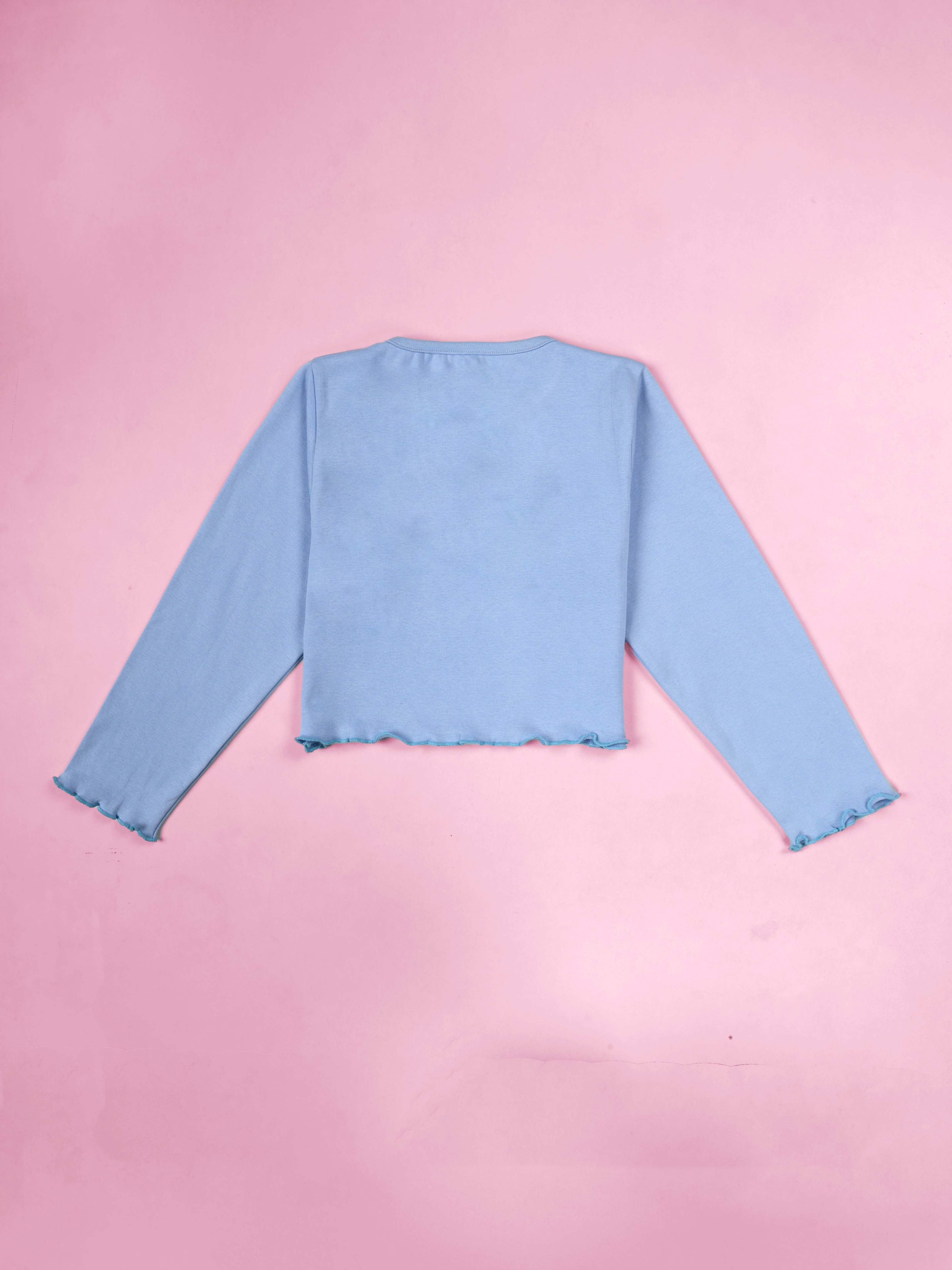Kiddopanti Cotton Knit Full Sleeves Applique Crop Length Ribbed Tee
