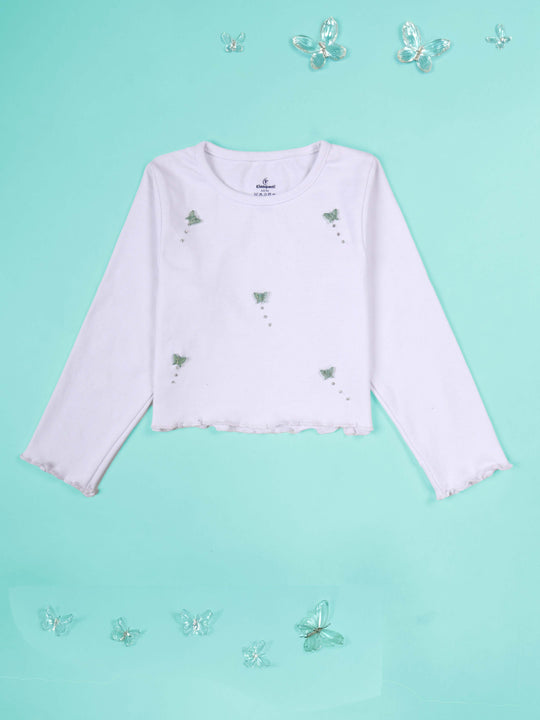 Kiddopanti Cotton Knit Full Sleeves Applique Crop Length Ribbed Tee