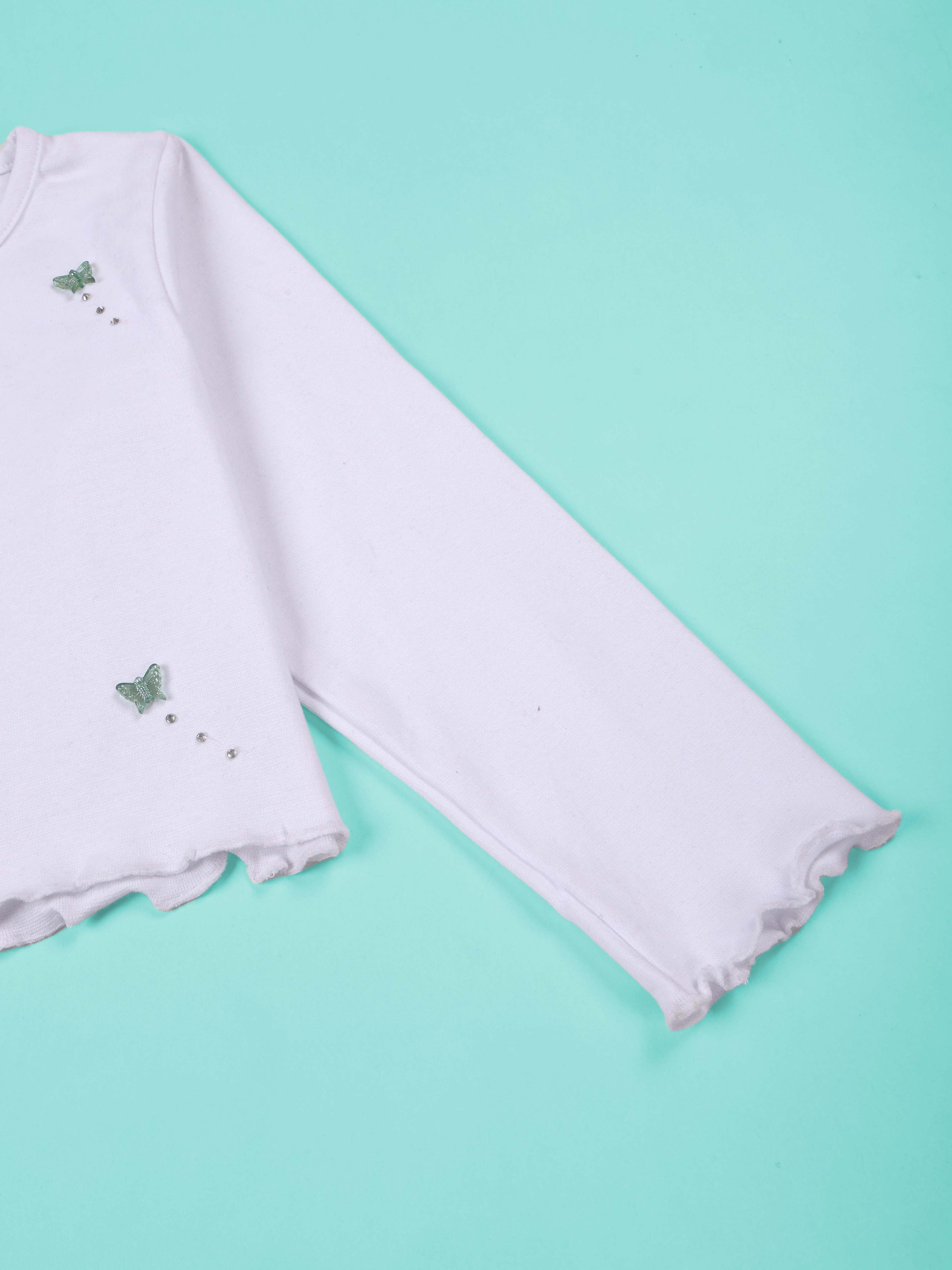 Kiddopanti Cotton Knit Full Sleeves Applique Crop Length Ribbed Tee