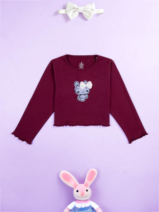 Kiddopanti Girls Crop Tee with Bunny and Bow Applique