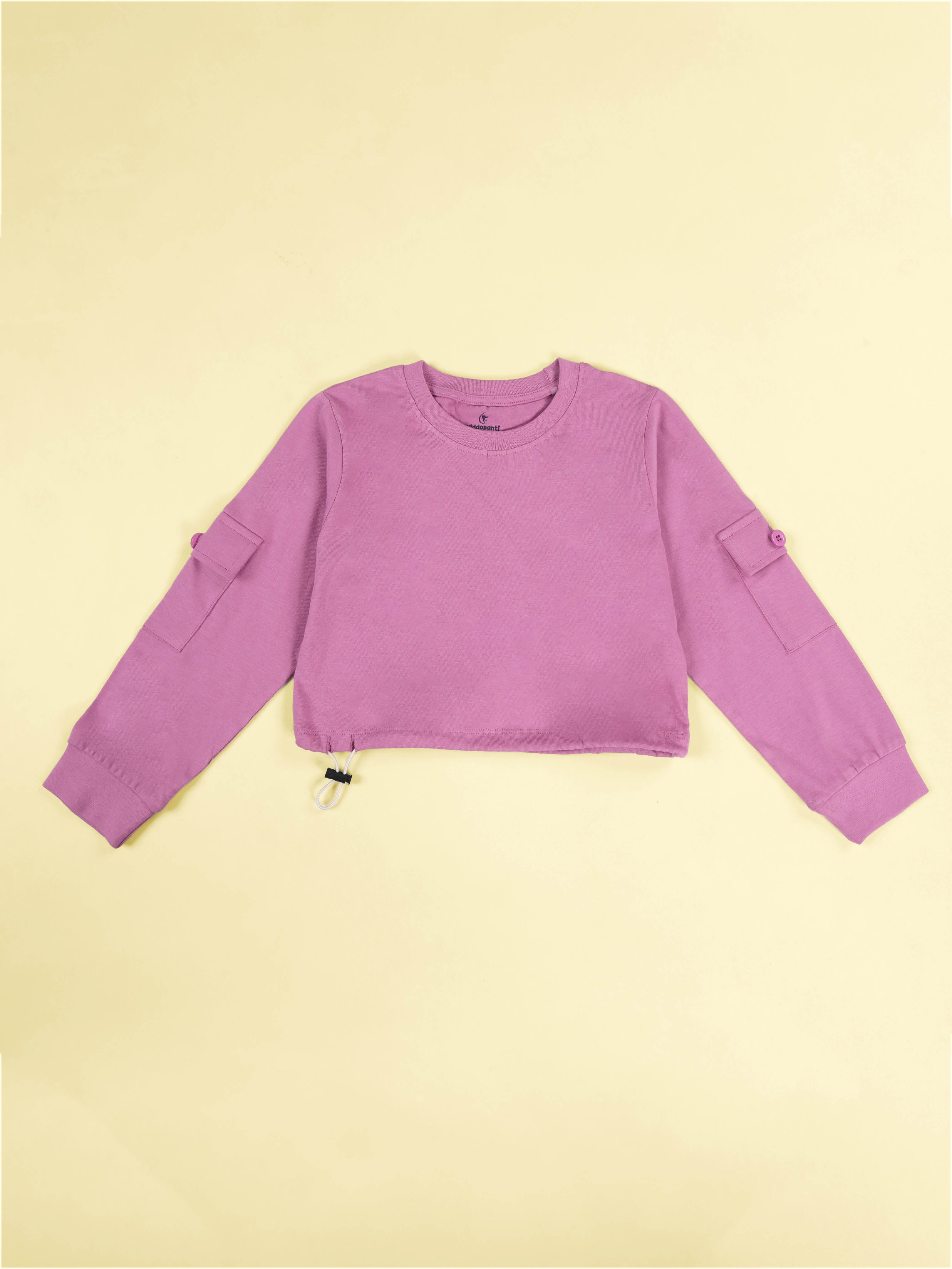 Kiddopanti Girls Cotton Full Sleeve Crop Length Round Neck Tee with Patch Pocket