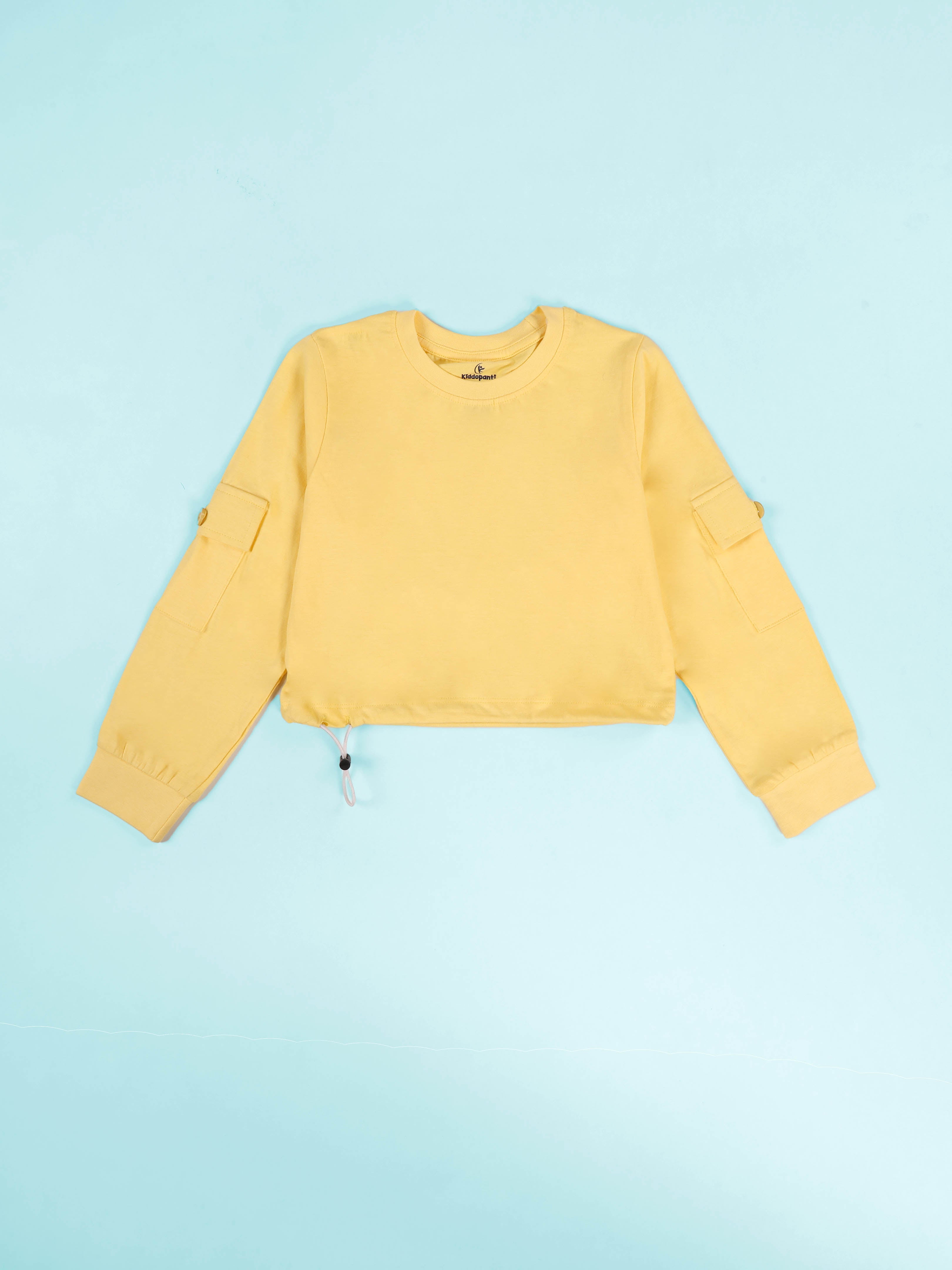 Kiddopanti Girls Cotton Full Sleeve Crop Length Round Neck Tee with Patch Pocket