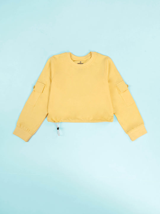 Kiddopanti Girls Cotton Full Sleeve Crop Length Round Neck Tee with Patch Pocket