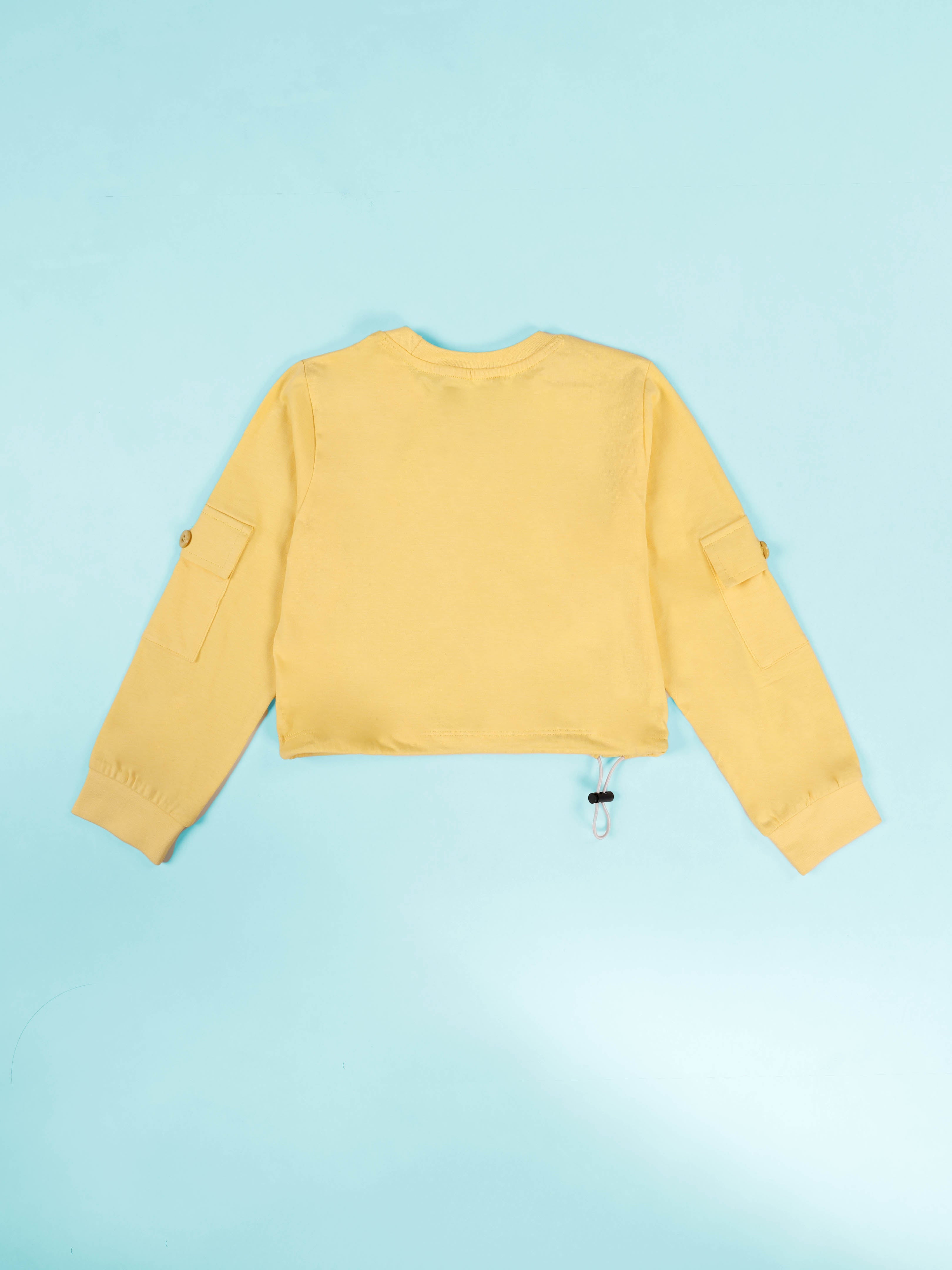 Kiddopanti Girls Cotton Full Sleeve Crop Length Round Neck Tee with Patch Pocket