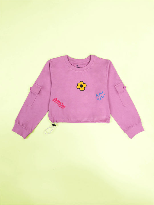 Kiddopanti Girls Cotton Full Sleeve Crop Length Round Neck Tee with Patch Pocket Print