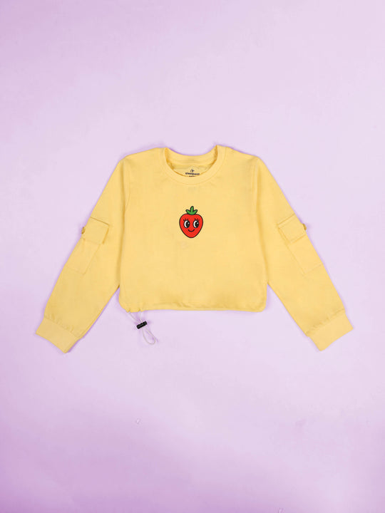 Kiddopanti Girls Cotton Full Sleeve Crop Length Round Neck Tee with Patch Pocket Print