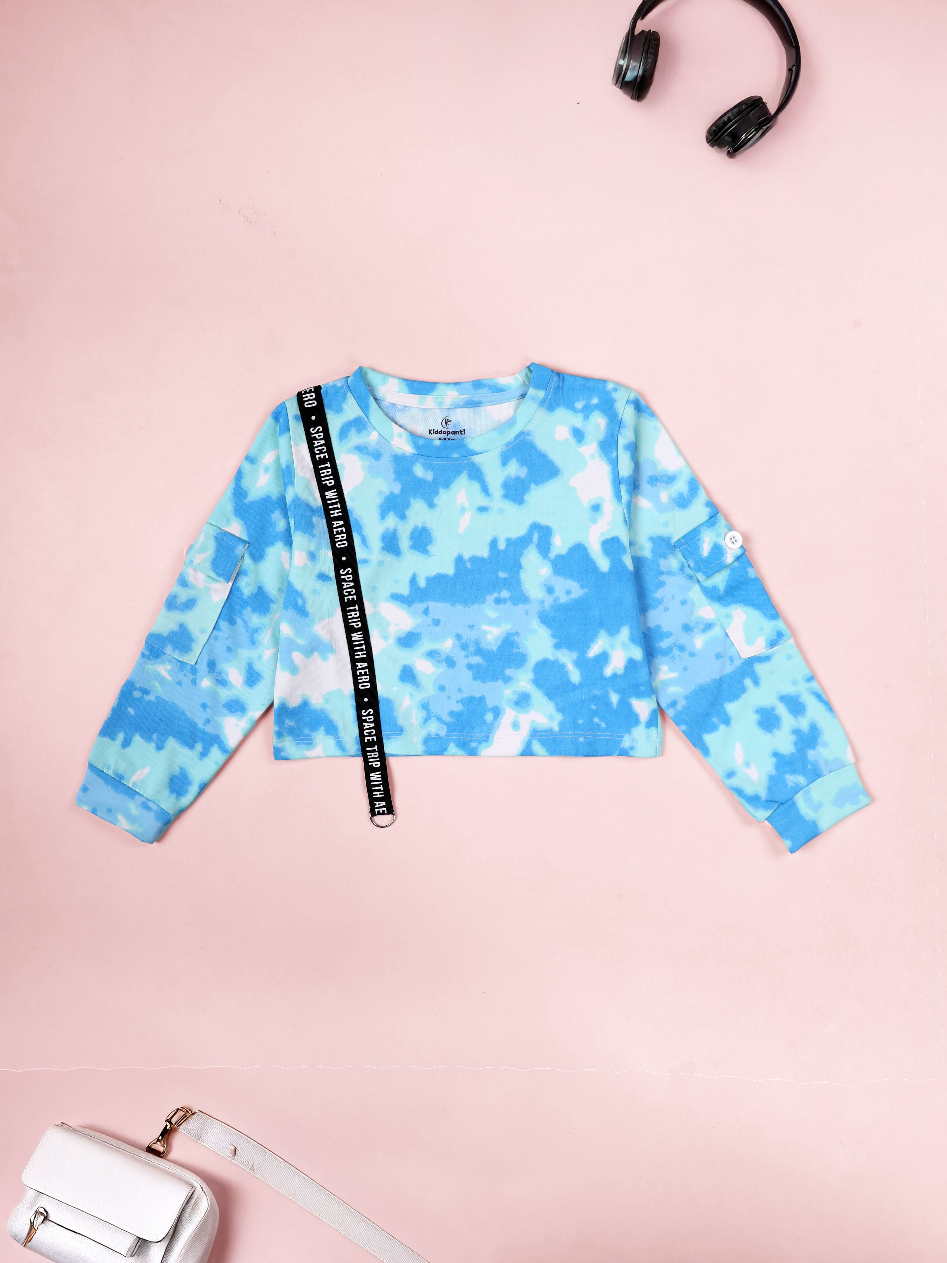 Kiddopanti Girls 100% Cotton Tie & Dye Full Sleeve with Patch Pocket, Crop Length Round Neck Tee