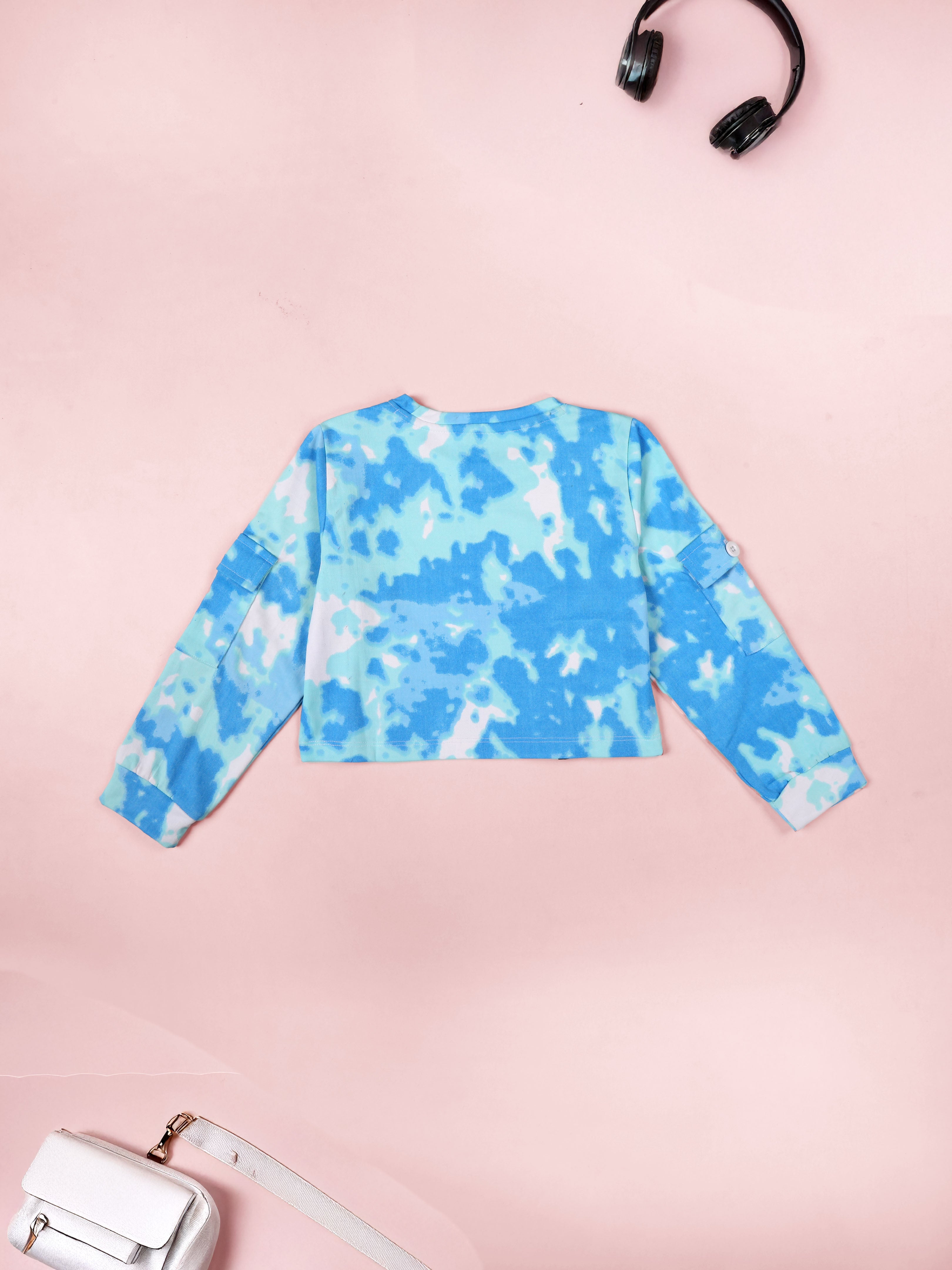Kiddopanti Girls 100% Cotton Tie & Dye Full Sleeve with Patch Pocket, Crop Length Round Neck Tee
