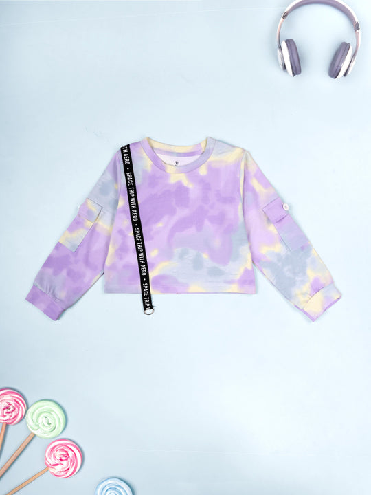 Kiddopanti Girls 100% Cotton Tie & Dye Full Sleeve with Patch Pocket, Crop Length Round Neck Tee
