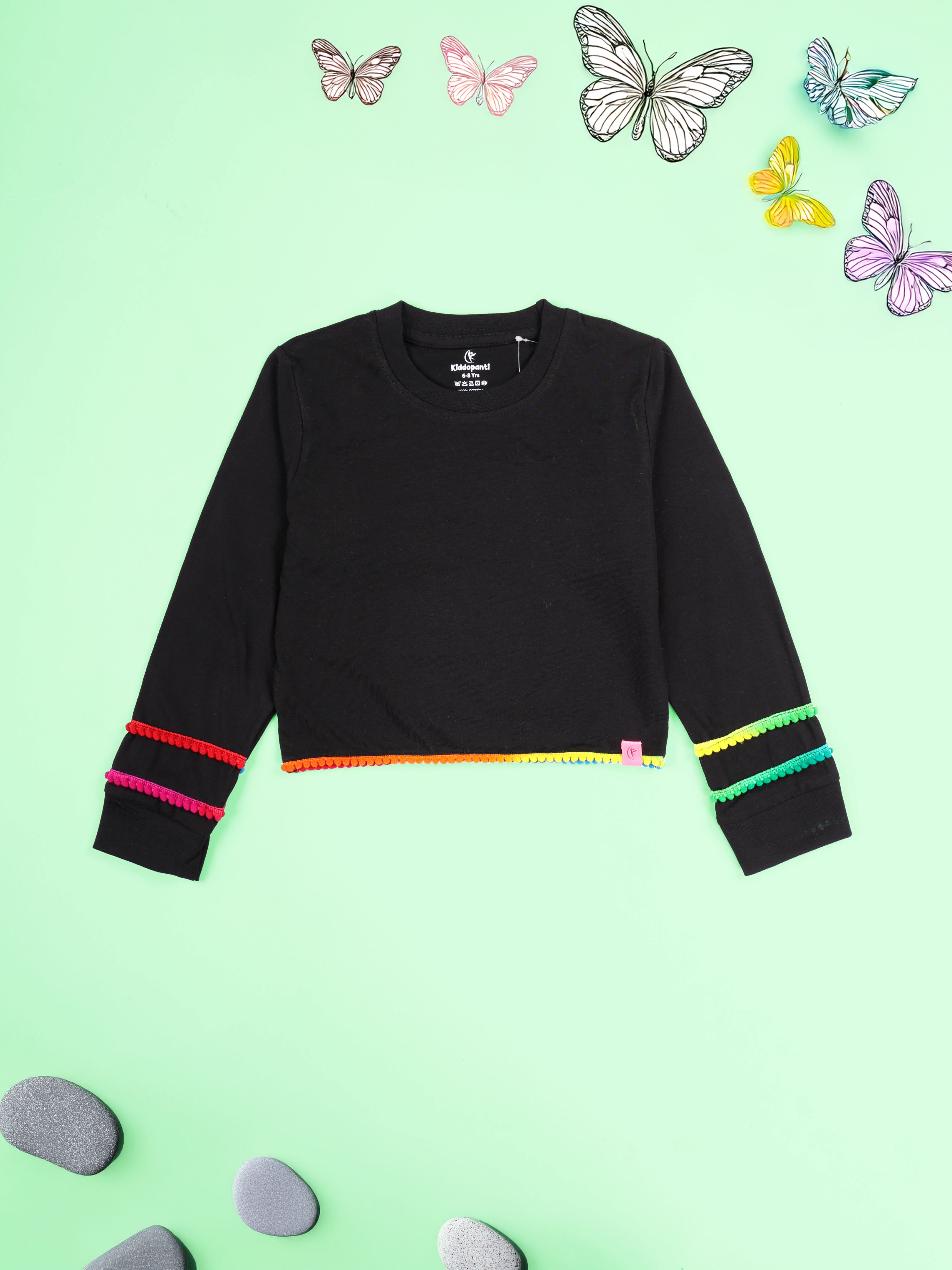 Kiddopanti Girls Crop Length Full Sleeve Round Neck Tee With Pom Pom Lace