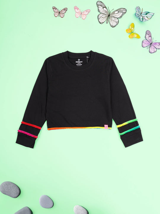 Kiddopanti Girls Crop Length Full Sleeve Round Neck Tee With Pom Pom Lace