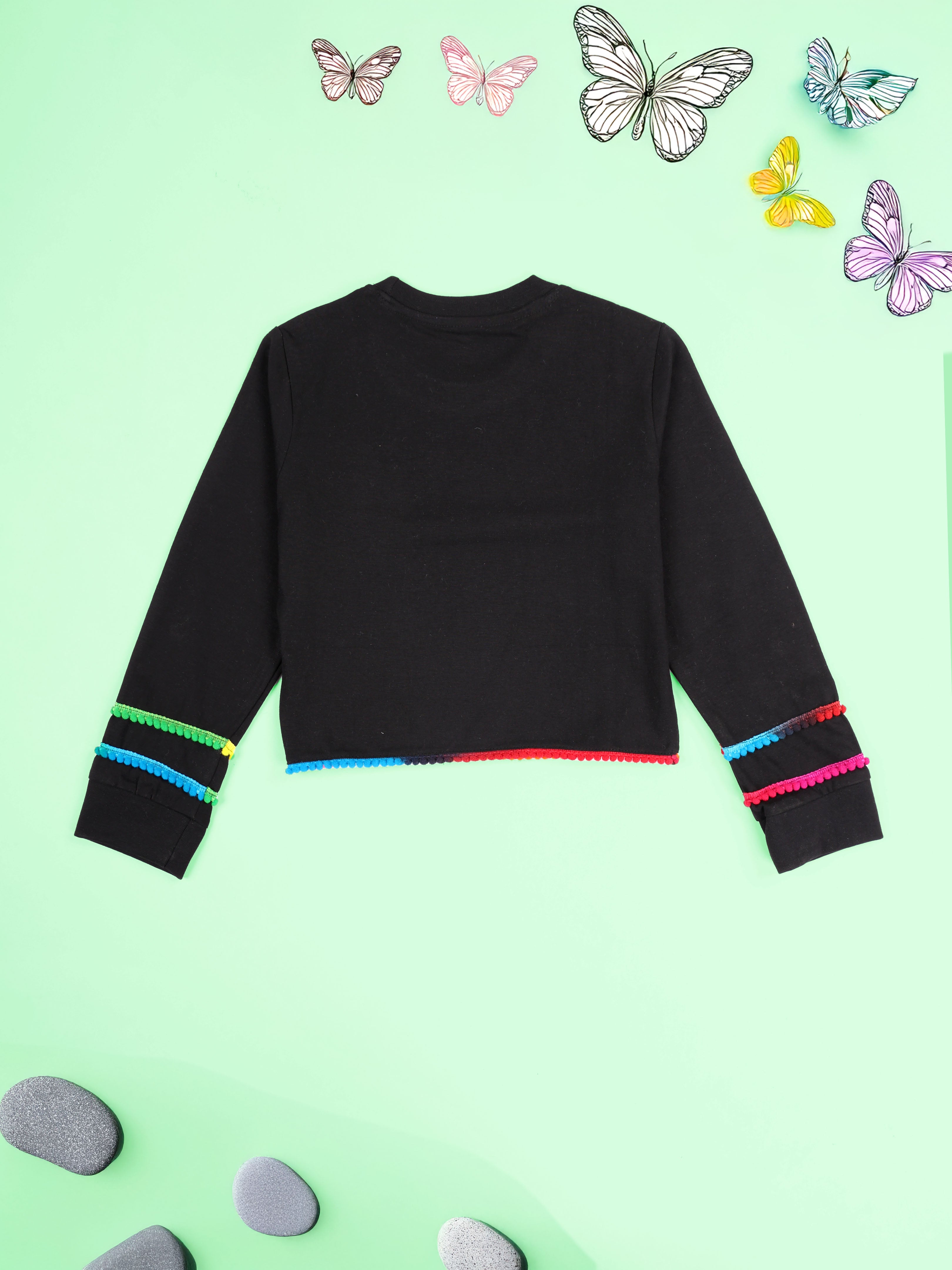 Kiddopanti Girls Crop Length Full Sleeve Round Neck Tee With Pom Pom Lace
