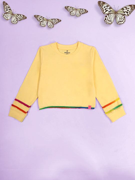 Kiddopanti Girls Crop Length Full Sleeve Round Neck Tee With Pom Pom Lace