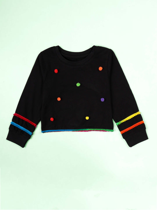 Kiddopanti Cotton Knit Full Sleeves Pom Pom Detailed Crop Length Tee