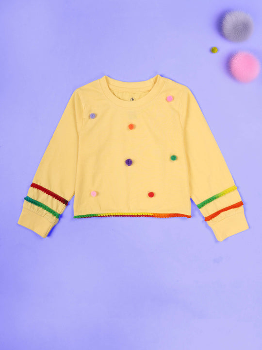 Kiddopanti Cotton Knit Full Sleeves Pom Pom Detailed Crop Length Tee