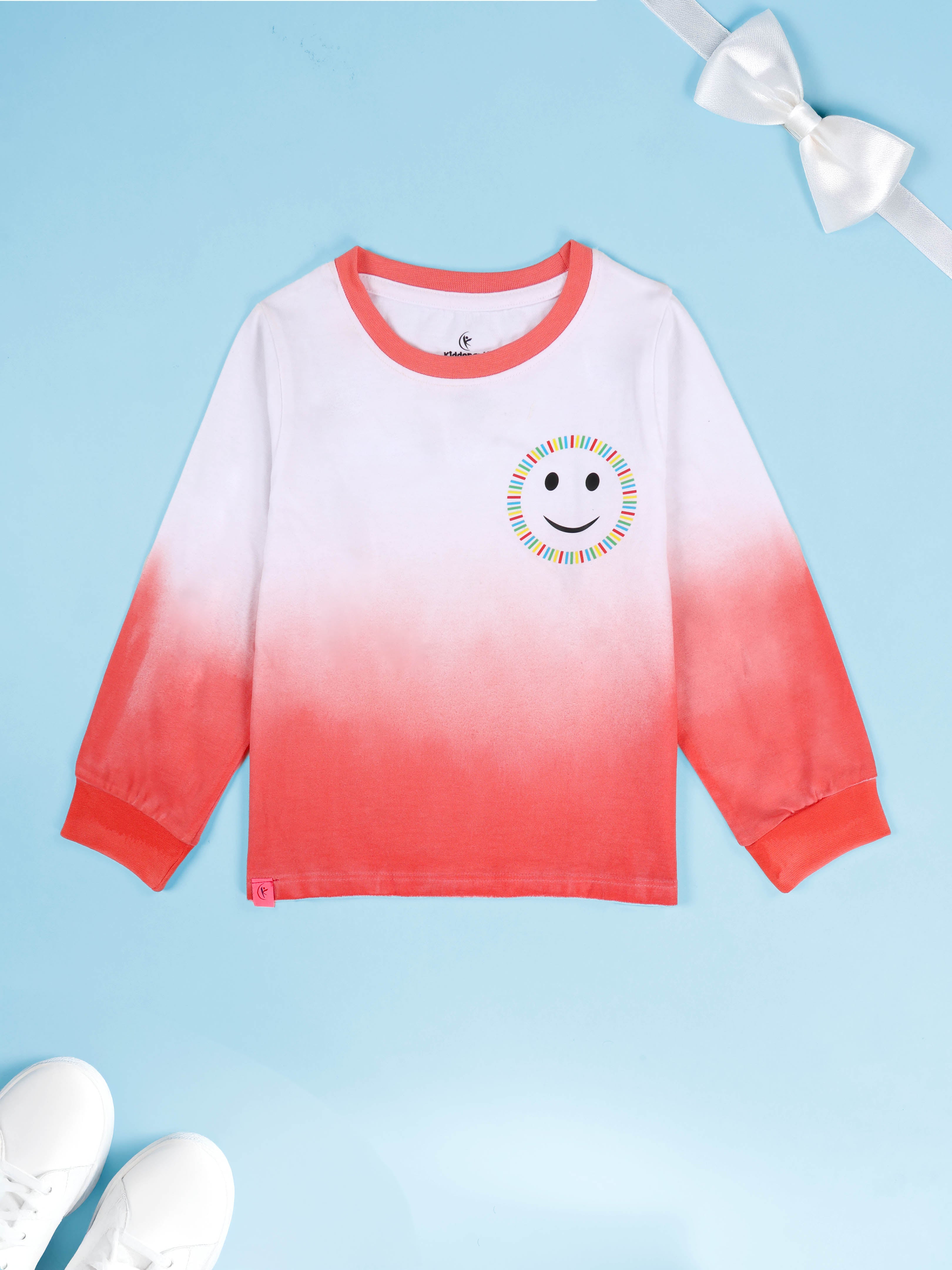 KiddoPanti Girls 100% Cotton Ombre Effect Printed Full Sleeve Round Neck Tee