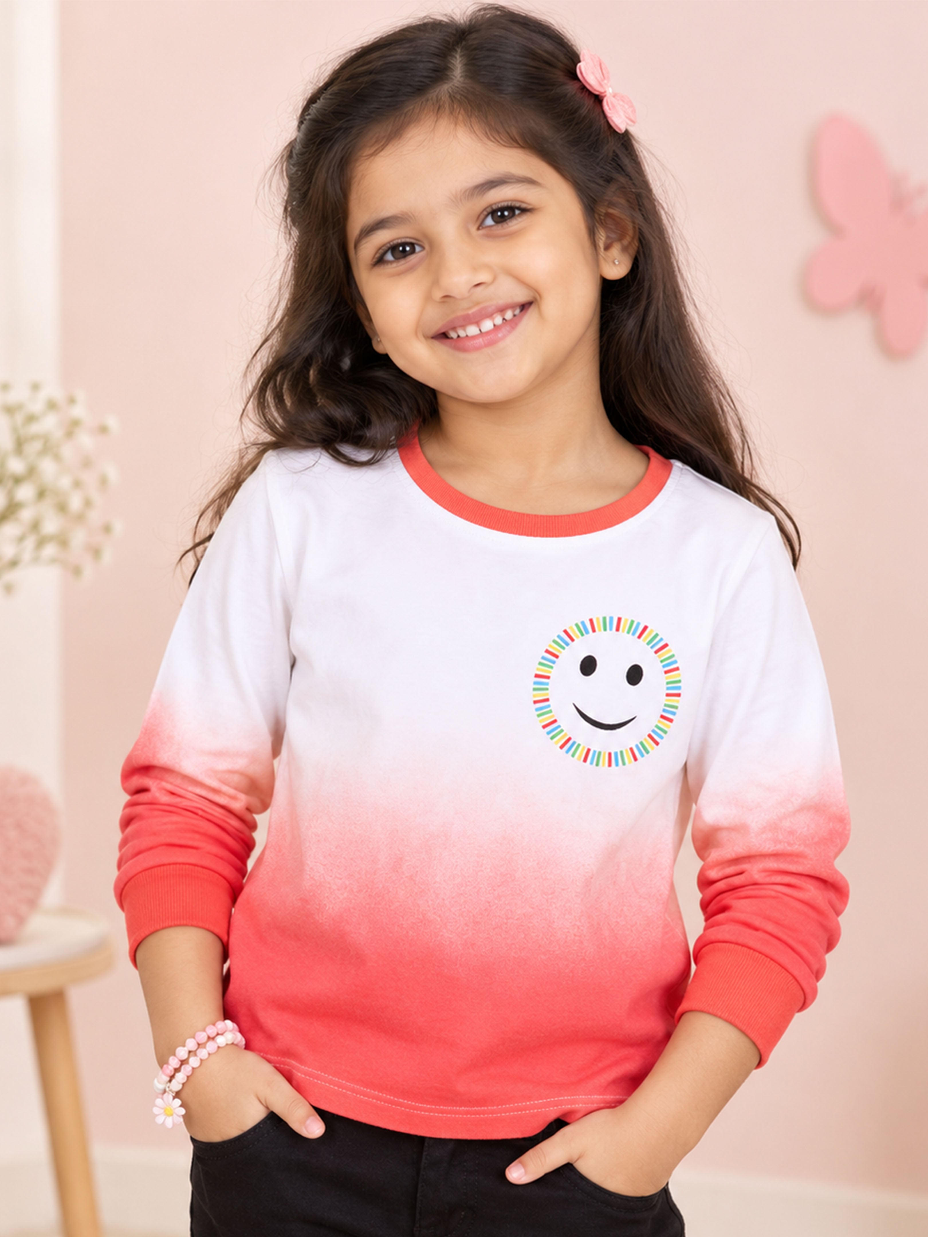 KiddoPanti Girls 100% Cotton Ombre Effect Printed Full Sleeve Round Neck Tee