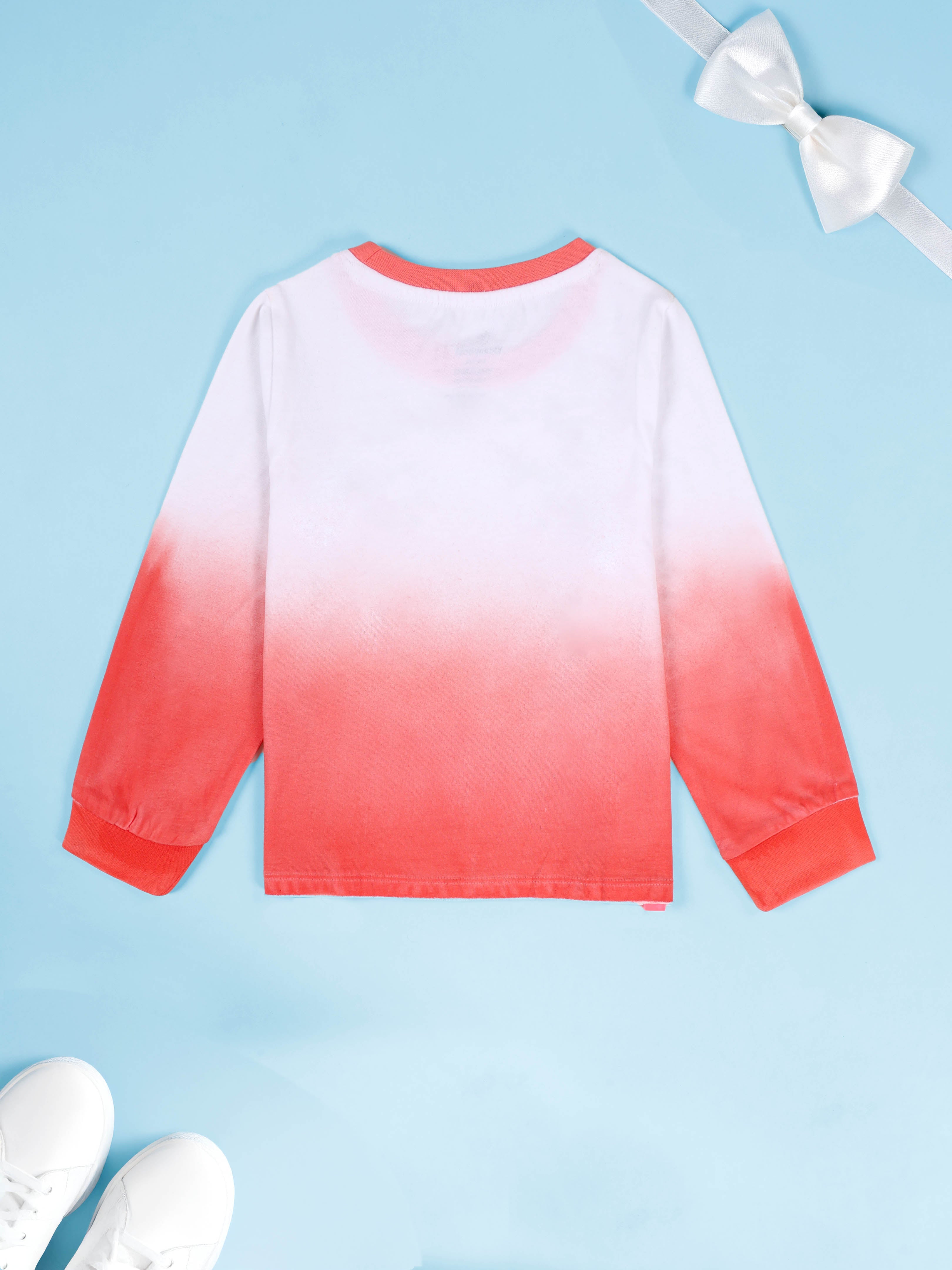 KiddoPanti Girls 100% Cotton Ombre Effect Printed Full Sleeve Round Neck Tee