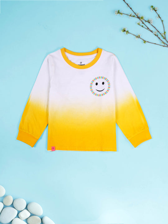 KiddoPanti Girls 100% Cotton Ombre Effect Printed Full Sleeve Round Neck Tee