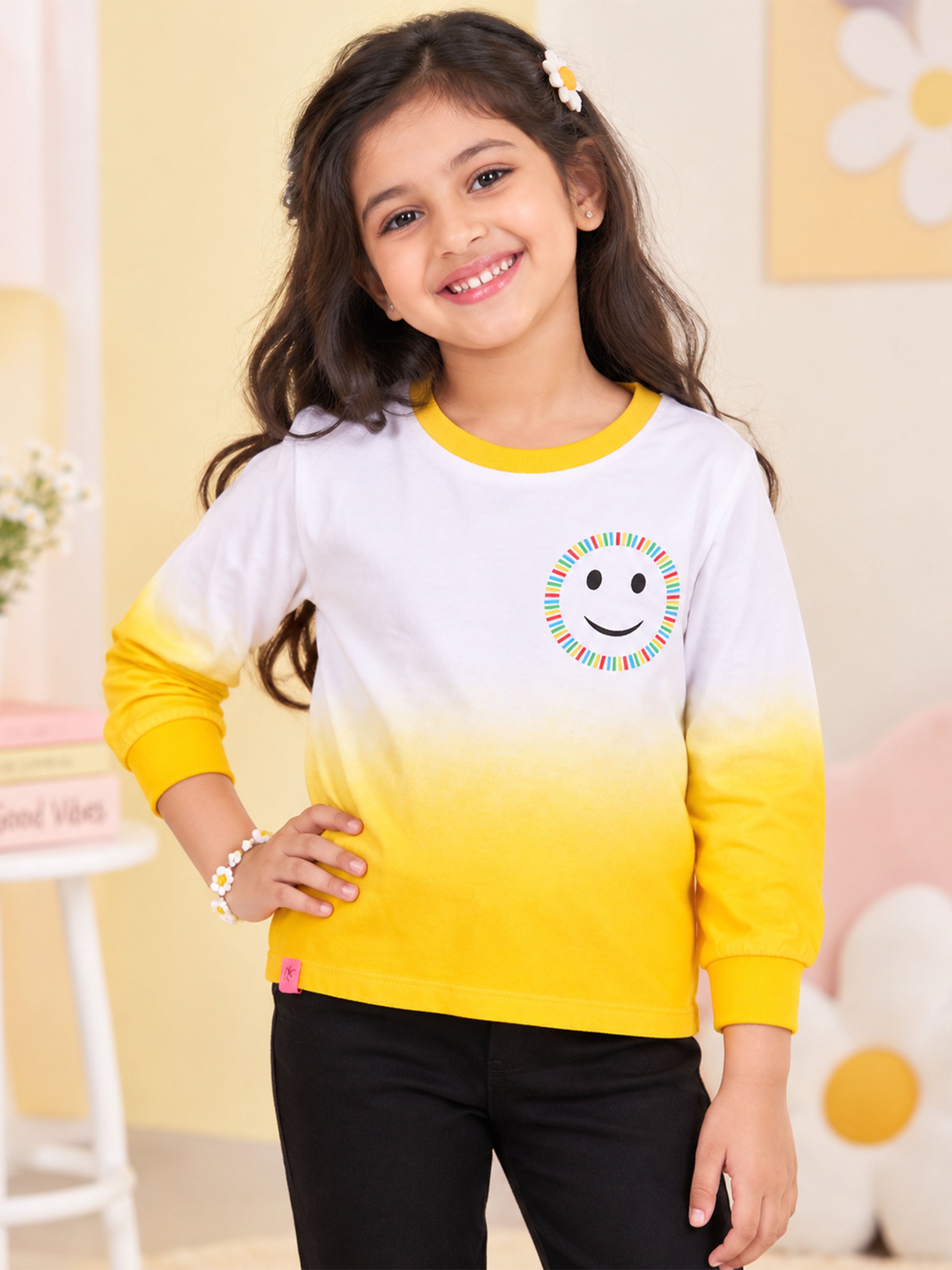 KiddoPanti Girls 100% Cotton Ombre Effect Printed Full Sleeve Round Neck Tee