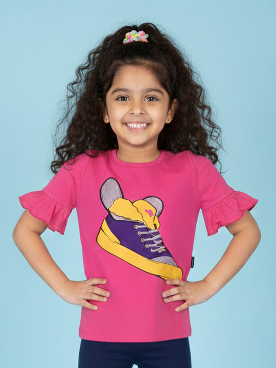Kiddopanti Girls Cotton "Wing Shoes" Print Frill half Sleeve Tee