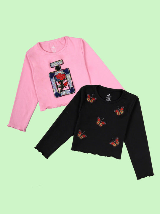 KiddoPanti Girls Cotton Full Sleeve Round Neck Rib Crop Tee With Applique Pack of 2