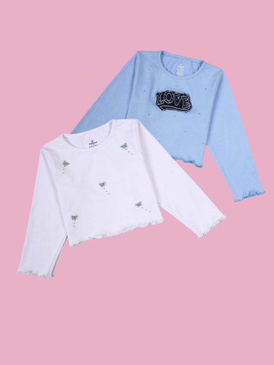 KiddoPanti Girls Cotton Full Sleeve Round Neck Rib Crop Tee With Applique Pack of 2