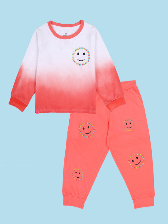 Kiddopanti Girls Cotton Printed Full Sleeve Round Neck Tee With Smileys Printed Track Pant Set