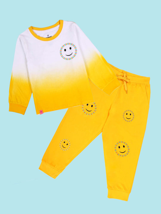 Kiddopanti Girls Cotton Printed Full Sleeve Round Neck Tee With Smileys Printed Track Pant Set
