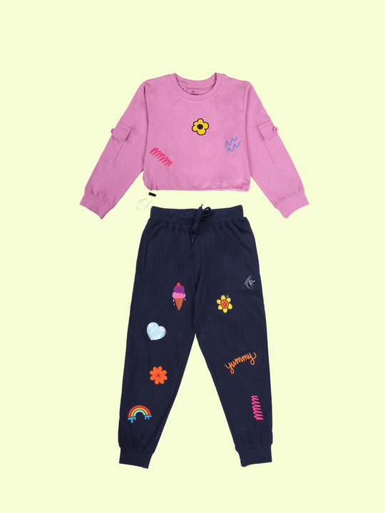 Kiddopanti Girls Cotton Full Sleeve Crop Length Round Neck Tee with Patch Pocket & Track Pant Set