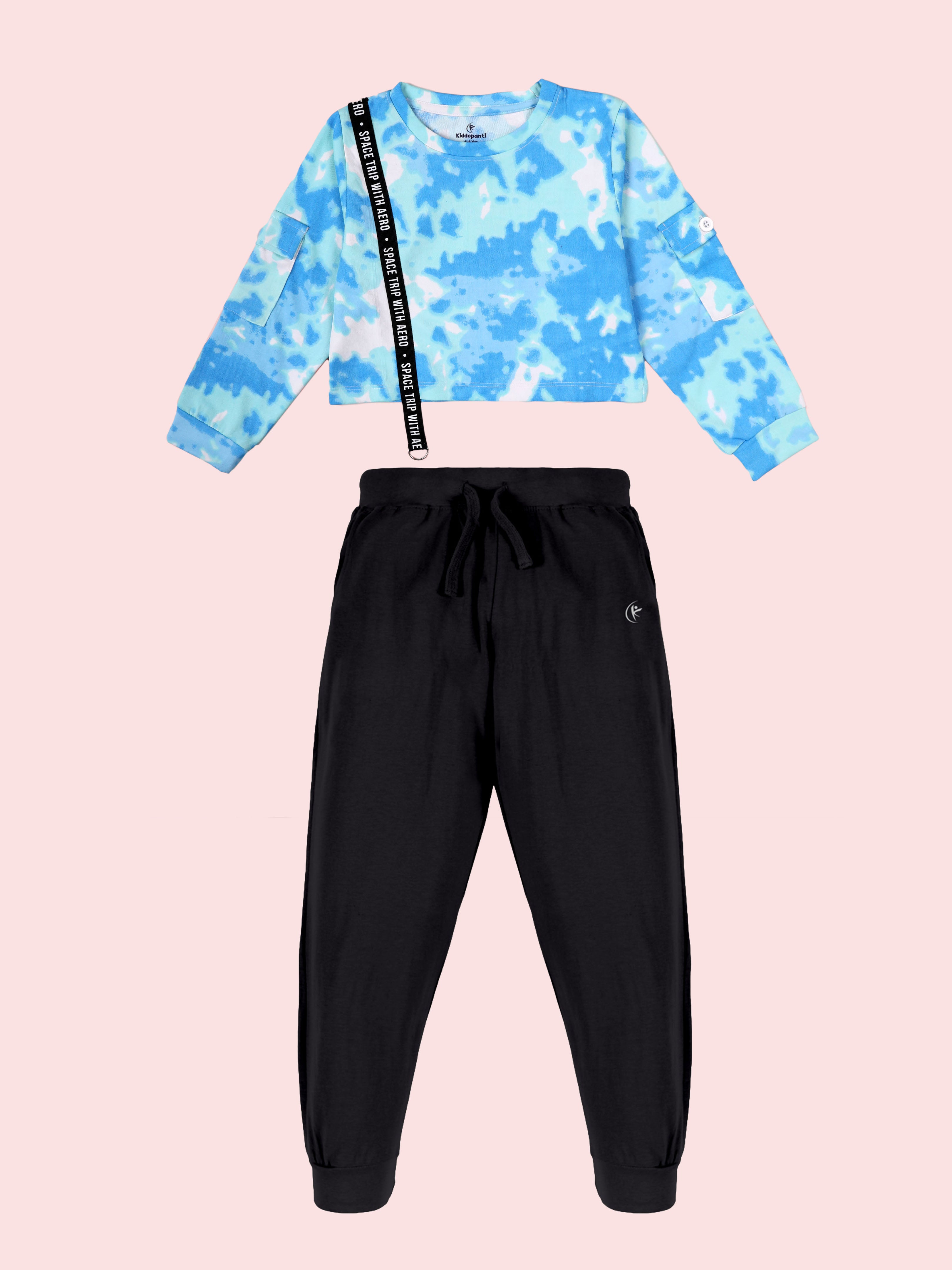 Kiddopanti  Girls Cotton Tie & Dye Full Sleeve Crop Length Round Neck Tee With Solid Track Pant Set