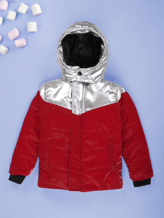 Kiddopanti Polyester Woven Full Sleeves Warm Cut & Sew Solid Puffer hooded Jacket