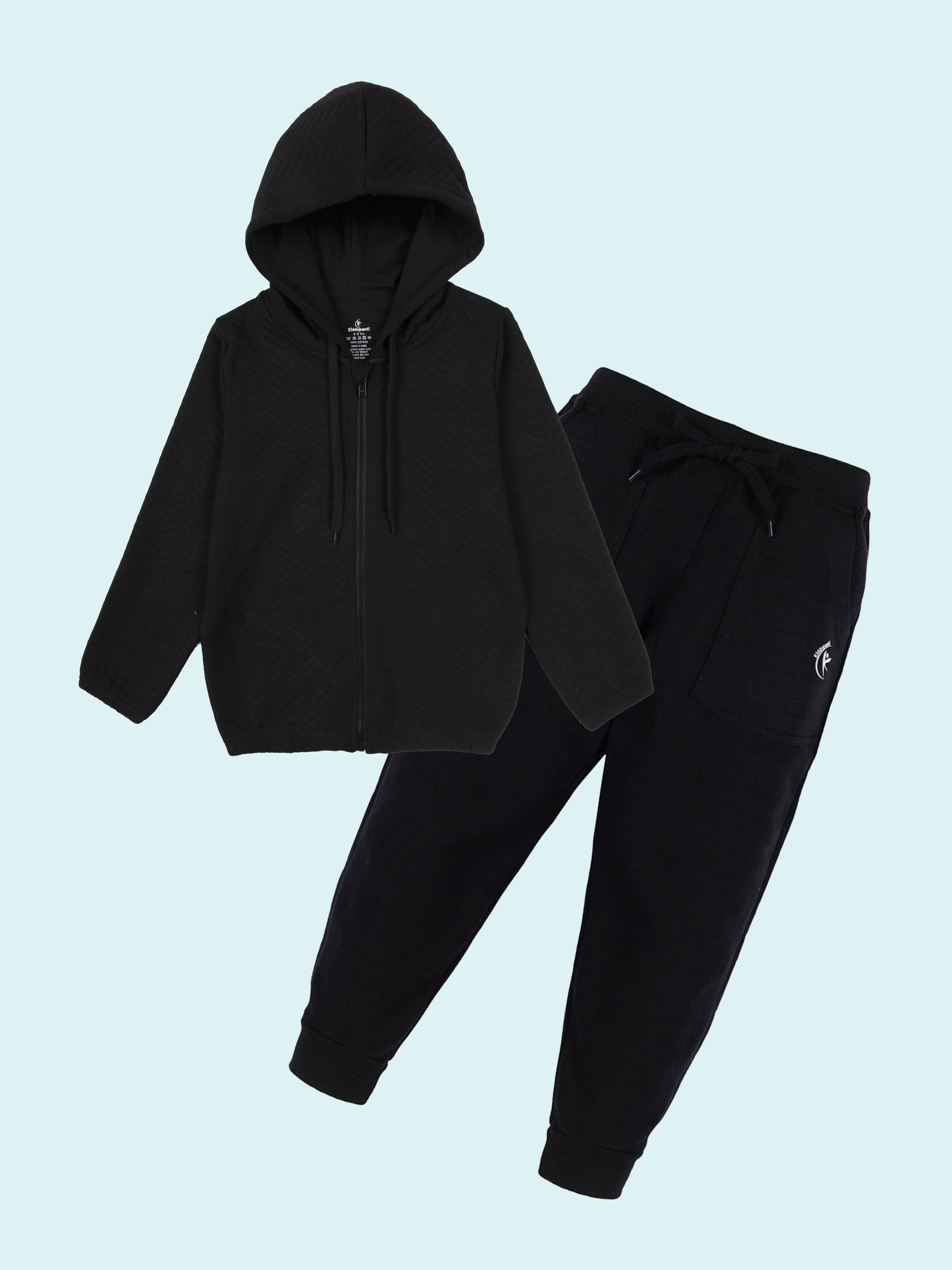 Unisex Cotton Fleece Solid Quilted Hooded Jacket & Solid Fleece Track Pant Set