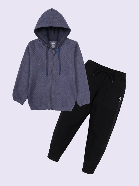 Unisex Cotton Fleece Solid Quilted Hooded Jacket & Solid Fleece Track Pant Set