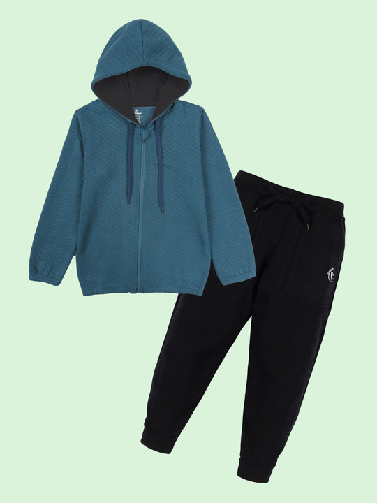 Unisex Cotton Fleece Solid Quilted Hooded Jacket & Solid Fleece Track Pant Set