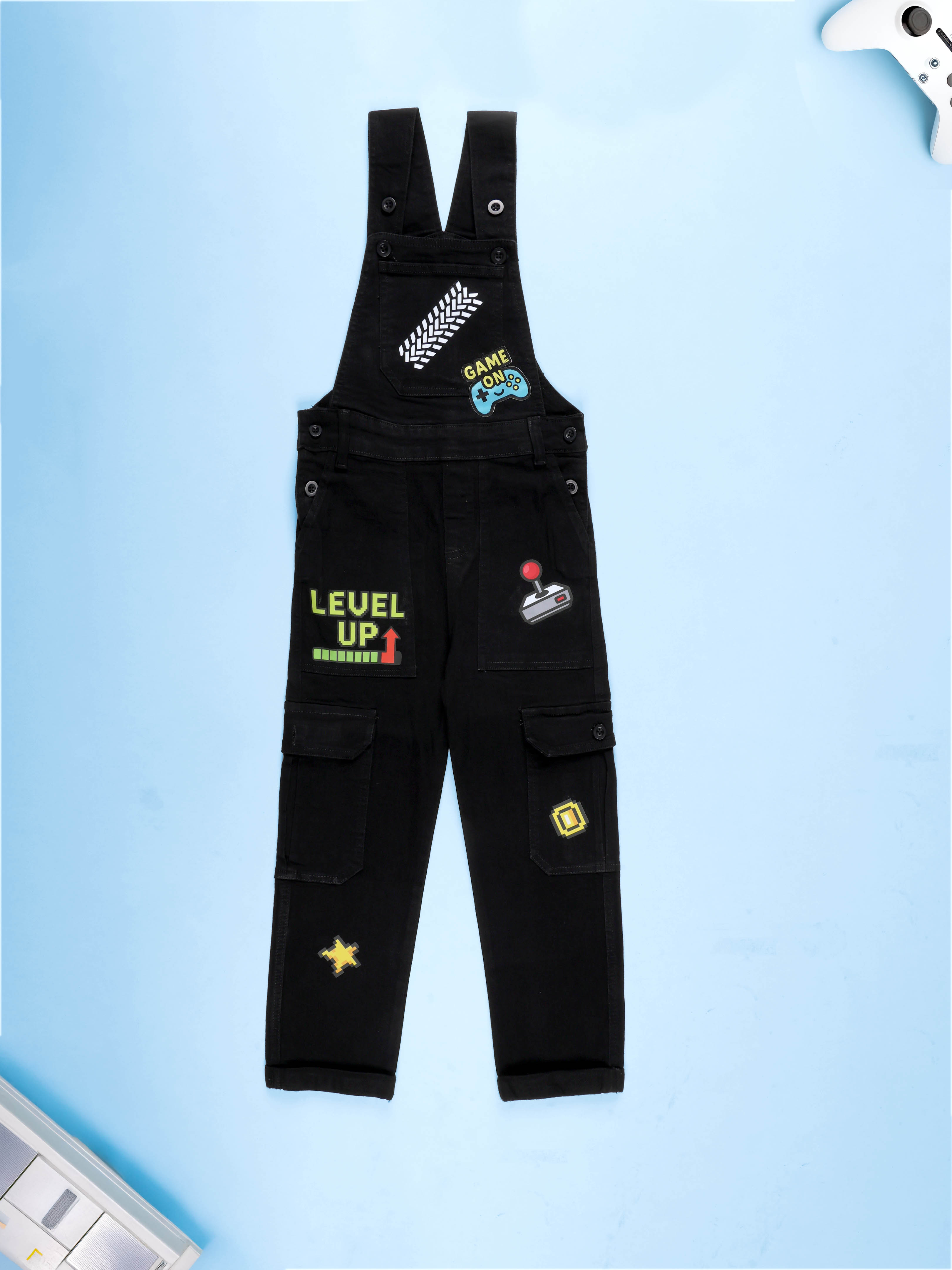 Kiddopanti Boys Denim Gaming and Monstar Truck Printed Dungaree Pant With Cargo Pockets