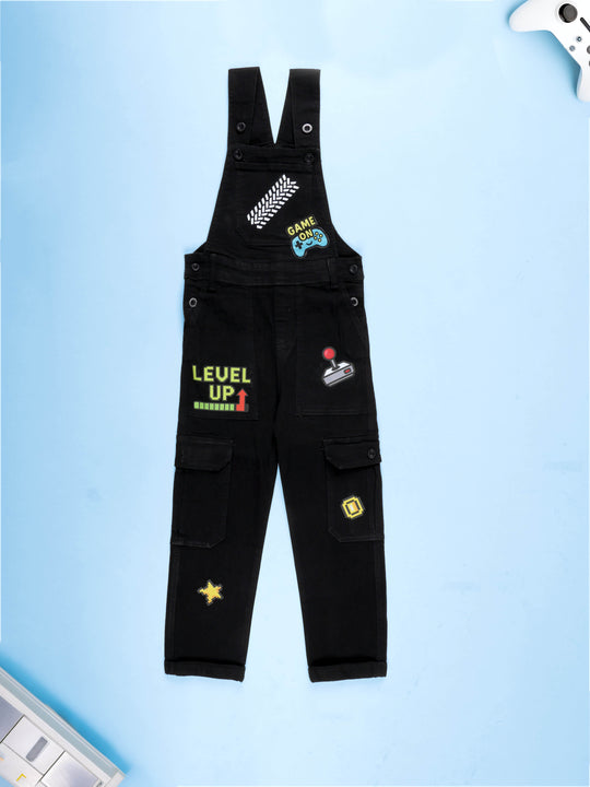 Kiddopanti Boys Denim Gaming and Monstar Truck Printed Dungaree Pant With Cargo Pockets