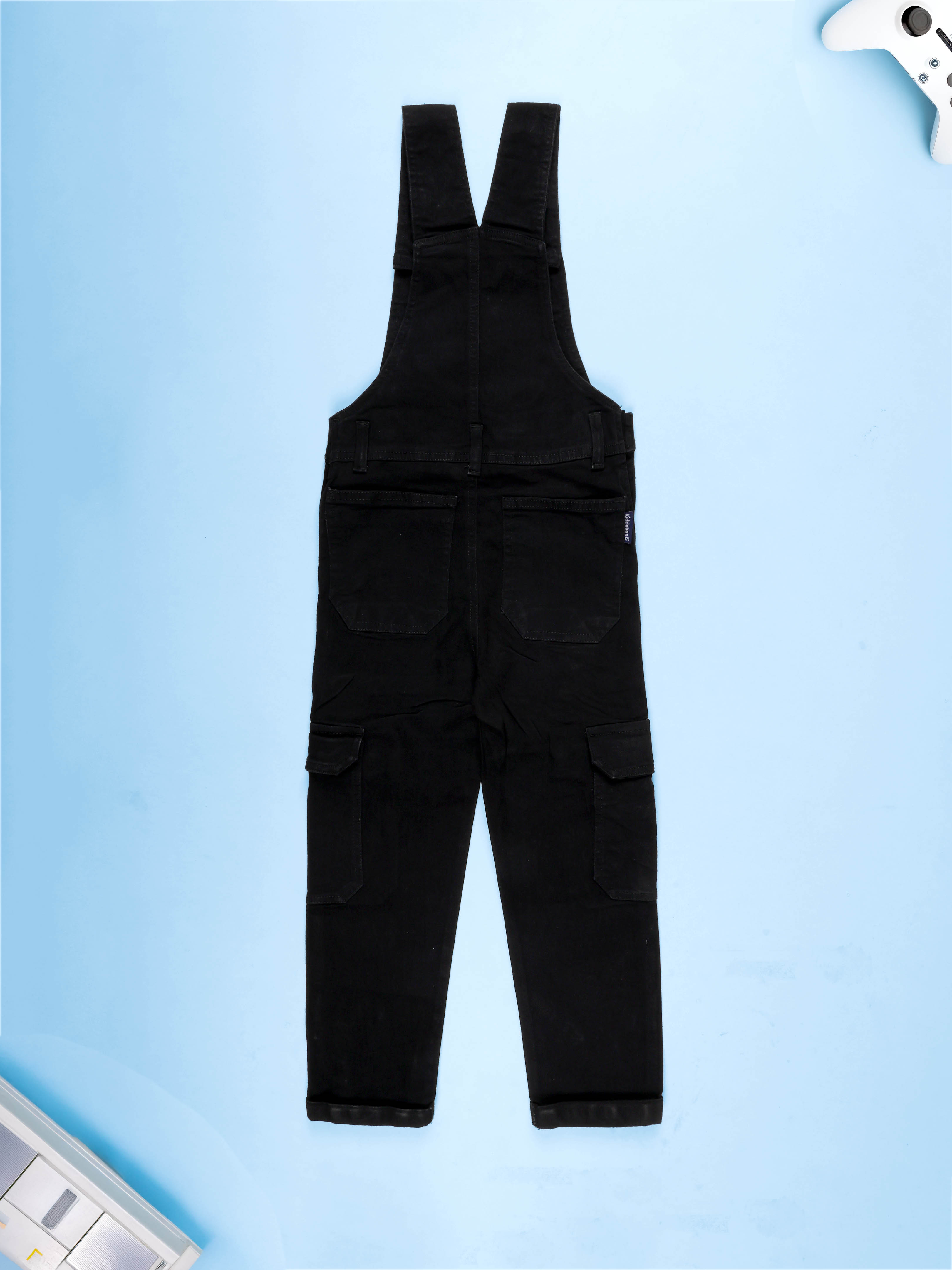 Kiddopanti Boys Denim Gaming and Monstar Truck Printed Dungaree Pant With Cargo Pockets