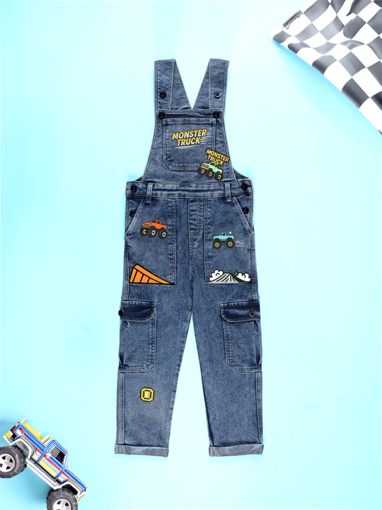 Kiddopanti Boys Denim Gaming and Monstar Truck Printed Dungaree Pant With Cargo Pockets