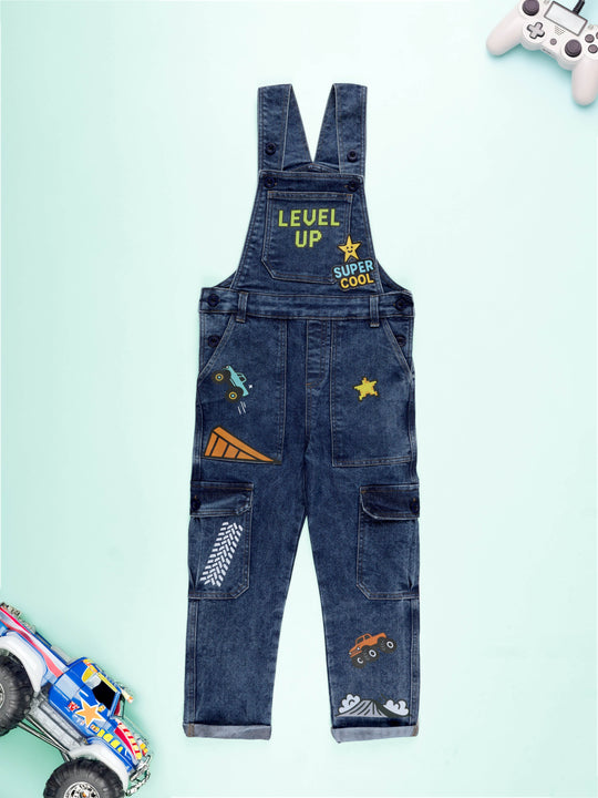 Kiddopanti Boys Denim Gaming and Monstar Truck Printed Dungaree Pant With Cargo Pockets
