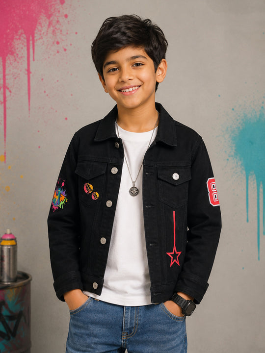 Kiddopanti Boys Denim Woven Full Sleeves Ghraphic and Badges Details Jacket